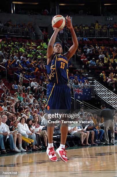 Asjha Jones of the Connecticut Sun takes a jump shot during the WNBA game against the Seattle Storm on July 11, 2007 at the KeyArena in Seattle,...