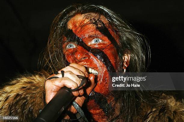 Warlord Mygard of Turisas performs on stage at the Kerrang! Day of Rock at Virgin Megastore, Oxford Street, on August 8 in London, England.