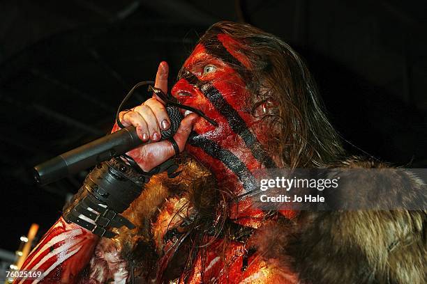 Warlord Mygard of Turisas performs on stage at the Kerrang! Day of Rock at the Virgin Megastore, Oxford Street, on August 8 in London, England.