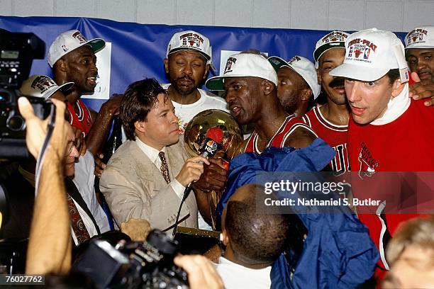 Michael Jordan of the Chicago Bulls celebrates winning the 1993 NBA Championship after defeating the Phoenix Suns in Game Six of the 1993 NBA Finals...