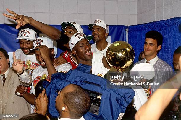 Michael Jordan of the Chicago Bulls celebrates winning the 1993 NBA Championship after defeating the Phoenix Suns in Game Six of the 1993 NBA Finals...