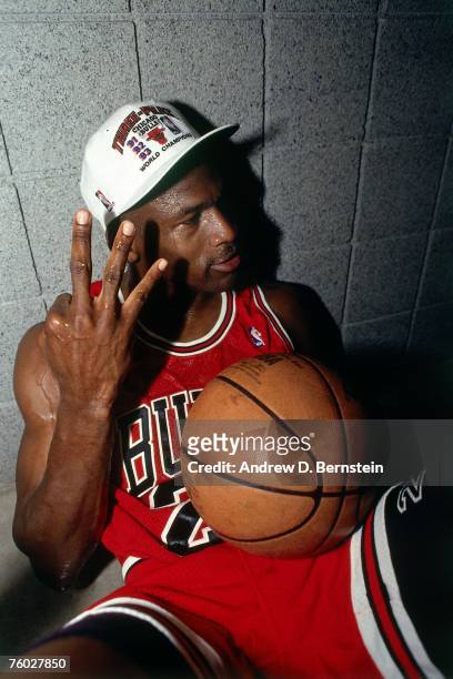 Michael Jordan of the Chicago Bulls celebrates winning the NBA Championship after Game Six of the 1993 NBA Finals on June 20, 1993 at th America West...
