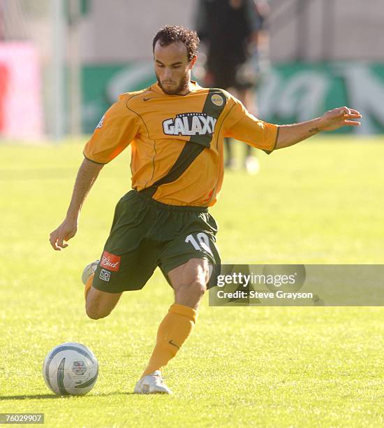 Landon Donovan of the Los Angeles Galaxy takes a shot during the first-half of the 2005 MLS Cup against the New England Revolution at Pizza Hut Park...