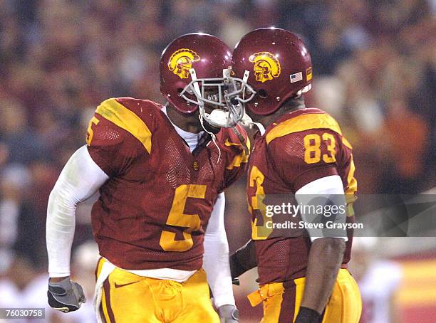 Reggie Bush and Fred Davis of USC celebrate after Davis' touchdown against the Stanford Cardina lat the Los Angeles Memorial Coliseum, November 5,...