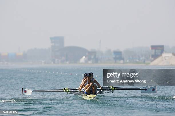 Team Great Britain competes in the repechage of the junior women's four during day two of the FISA World Junior Rowing Championships at the Shunyi...