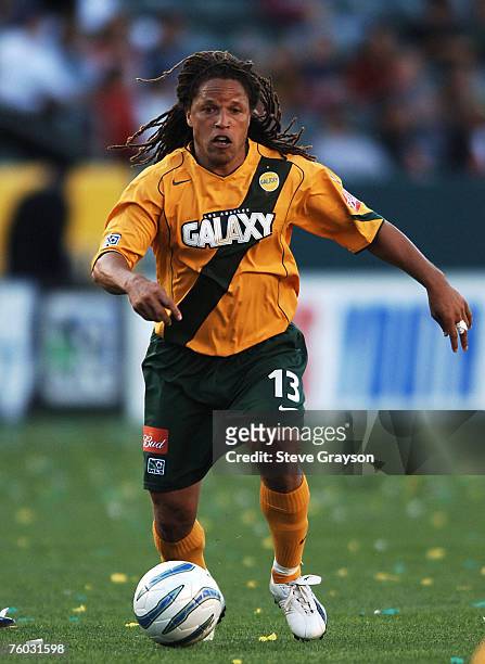 Cobi Jones of the Los Angeles Galaxy moves the ball upfield during their contest against the Colorado Rapids at Home Depot Center May 8, 2005.