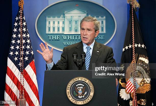 President George W. Bush speaks during a news conference in the Brady Press Briefing Room of the White House August 9, 2007 in Washington, DC. Bush...