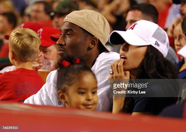 Kobe Bryant with wife Vanessa Bryant and daughter Natalia Diamante Bryant at Los Angeles Angels of Anaheim game against the New York Yankees at Angel...