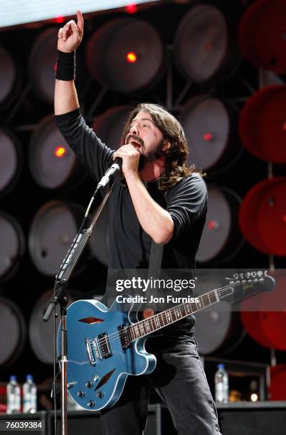 The Foo Fighters perform on stage during the Live Earth concert held at Wembley Stadium on July 7, 2007 in London. Live Earth is a 24-hour,...