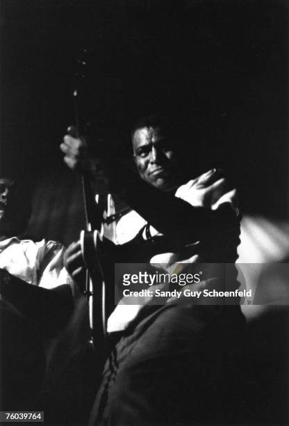 Blues musician Howlin' Wolf performs onstage at the Avalon Ballroom, a music venue in the Polk Gulch neighborhood, with saxophone player Willie...