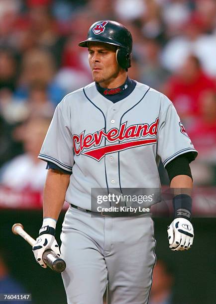 Aaron Boone of the Cleveland Indians bats during 5-4 loss to the Los Angeles Angels of Anahiem at Angel Stadium in Anaheim, Calif. On Tuesday, May...