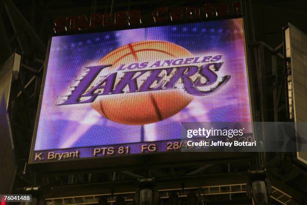 Photo of the video board after Kobe Bryant's 81 point explosion against the Toronto Raptors on January 22, 2006 at Staples Center in Los Angeles,...