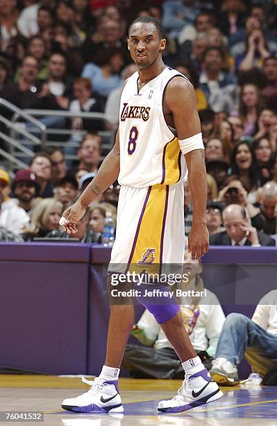 Kobe Bryant of the Los Angeles Lakers displays emotion against the Toronto Raptors during his 81 point explosion on January 22, 2006 at Staples...