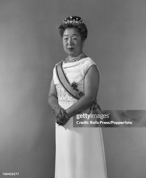 Empress Nagako , wife of Emperor Hirohito of Japan, in formal dress, tiara and sash in Japan in October 1971.