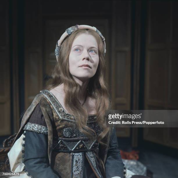 Scottish actress Annette Crosbie pictured dressed in period costume as Catherine of Aragon during production of the BBC TV series 'The Six Wives of...
