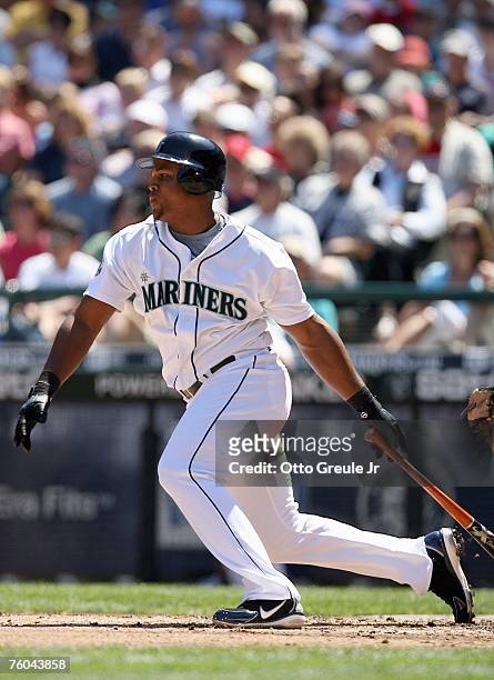Adrian Beltre of the Seattle Mariners swings at the pitch against the Boston Red Sox on August 5, 2007 at Safeco Field in Seattle, Washington. The...
