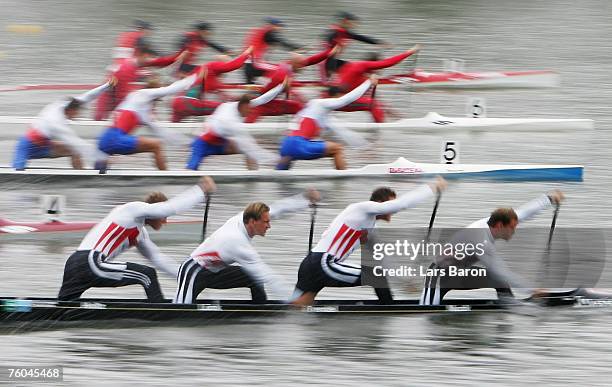 Robert Nuck, Sebastian Brendel, Thomas Lueck and Stefan Holtz of Germany in action during their C4 1000m qualifying heat during the Canoe World...