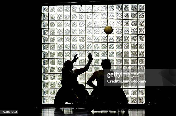 Players contest the ball during the round two National Wheelchair Rugby League match between the New Zealand Development and the South Australia...