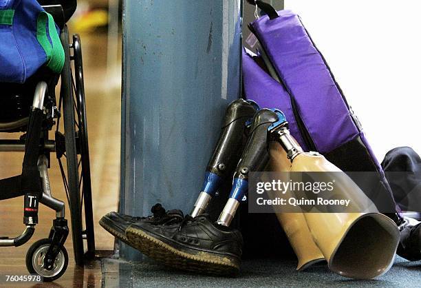 Artificial limbs sit courtside during the round two National Wheelchair Rugby League match between the New South Wales Gladiators and the South...