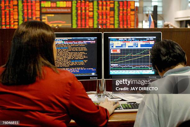 Traders monitor stocks price index at the Philippine Stock Exchange in Manila, 10 August 2007. Philippine share prices will likely follow leads by...