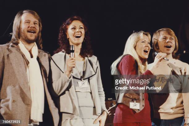 Swedish pop group Abba performing at 'The Music for UNICEF Concert: A Gift of Song' benefit concert held at the United Nations General Assembly in...