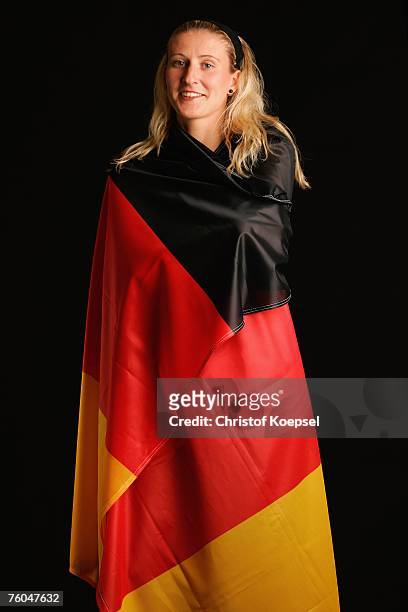 Anja Mittag of the Womens Football German National Team poses during a photocall on June 28, 2007 in Cologne, Germany. Silvia Neid hat das...