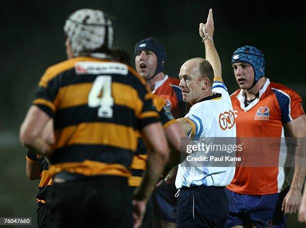 Referee Andrew Lindsay signals a call during the round one Australian Rugby Championship match between the Perth Spirit and the West Sydney Rams at...