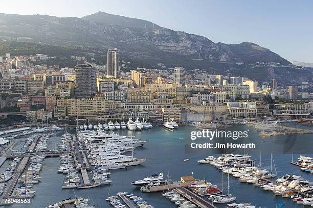 port hercule and monaco from the old town in monaco, monte carlo. harbour and waterfront, elevated view - wt1 photos et images de collection