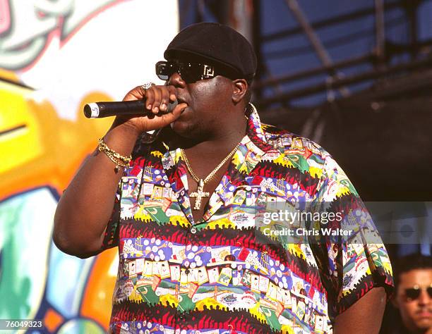 The Notorious B.I.G. Performs at 92.3 The Beat Summer Jam on August 13, 1995 at the Irvine Meadows Amphitheatre in Irvine, California.