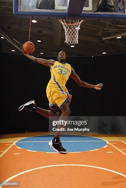 Julian Wright of the New Orleans Hornets poses for an action portrait during the 2007 NBA Rookie Photo Shoot on July 27, 2007 at the MSG Training...