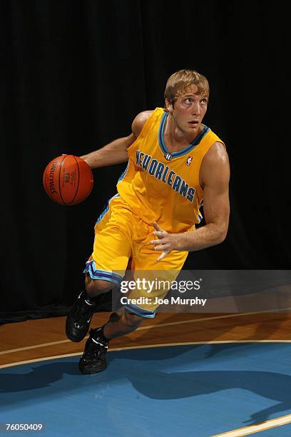 Adam Haluska of the New Orleans Hornets poses for an action portrait during the 2007 NBA Rookie Photo Shoot on July 27, 2007 at the MSG Training...