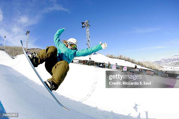 Gretchen Bleiler practicing in the Snowboard Superpipe at the Winter XGames in Aspen, Colorado Jan. 27, 2006.