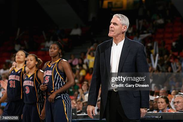 Head coach Brian Winters of the Indiana Fever questions a call during the WNBA game against the Chicago Sky on August 7, 2007 at the UIC Pavilion in...