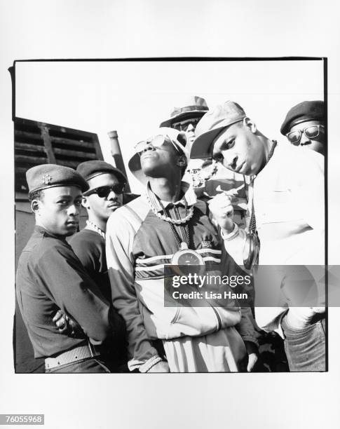 Professor Griff, S1W, Flavor Flav, Terminator X, Chuck D and another member of their S1W security unit of the rap group Public Enemy pose for a...