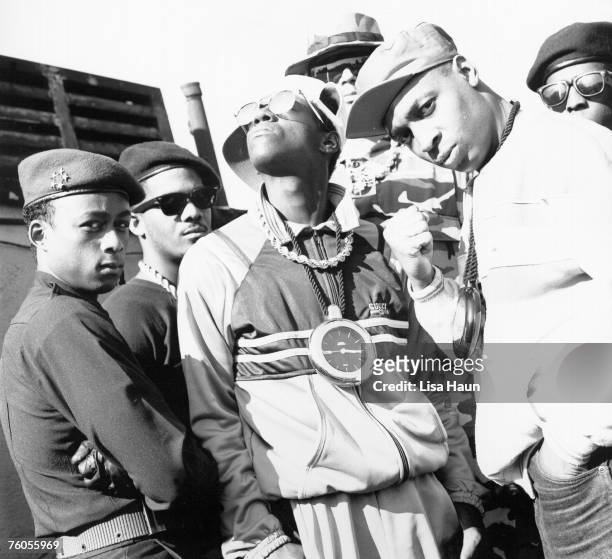 Professor Griff, S1W, Flavor Flav, Terminator X, Chuck D and another member of their S1W security unit of the rap group Public Enemy pose for a...
