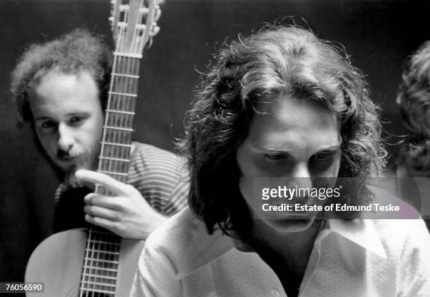 Robby Krieger and Jim Morrison of The Doors pose for a portrait circa 1968 in Hollywood, California.