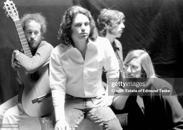 The Doors L-R Robby Krieger, Jim Morrison, John Densmore and Ray Manzarek pose for a portrait circa 1968 in Hollywood, California.