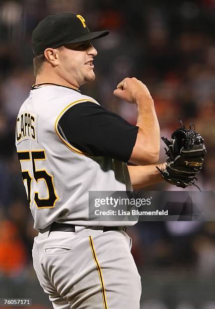 Closing pitcher Matt Capps of the Pittsburgh Pirates celebrates defeating the San Francisco Giants 8-7 at AT&T Park August 10, 2007 in San Francisco,...