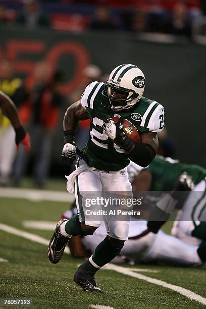 New York Jets Running Back Thomas Jones with a run against the Atlanta Falcons August 10, 2007 at Giants Stadium in East Rutherford, New Jersey. Jets...