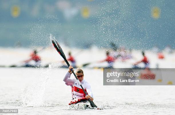 Fanny Fischer and Nicole Reinhardt in action during their K2 200m qualifying heat during the Canoe World Championship 2007 at the Regattabahn Wedau...