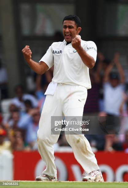 Anil Kumble of India celebrates the wicket of Alastair Cook of England during day three of the Third Test match between England and India at the Oval...