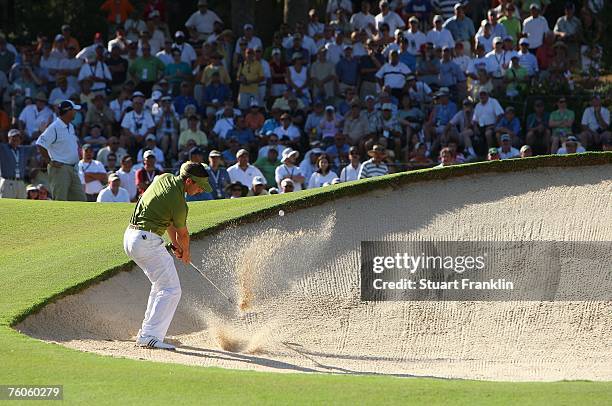 Sergio Garcia of Spain plays a bunker shot during the third round of the 89th PGA Championship at the Southern Hills Country Club on August 11, 2007...
