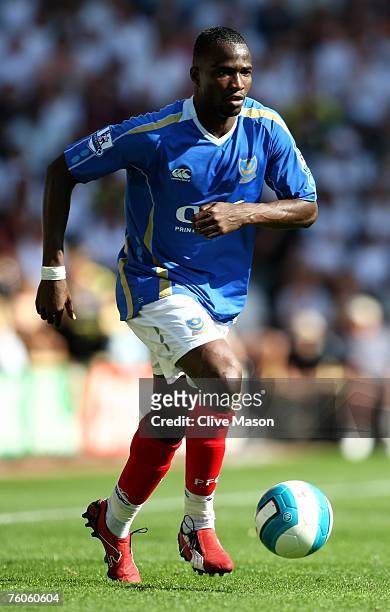 John Utaka of Portsmouth in action during the Barclays Premiership match between Derby County and Portsmouth at Pride Park on August 11, 2007 in...