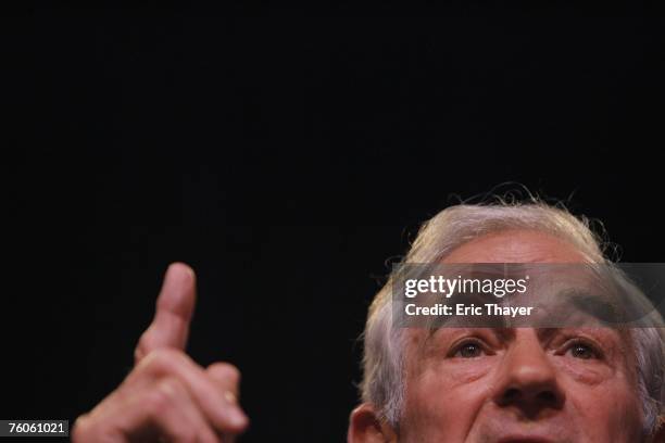 Republican presidential candidate U.S. Rep. Ron Paul speaks at the Iowa Straw Poll August 11, 2007 in Ames, Iowa. An estimated 40,000 people are...