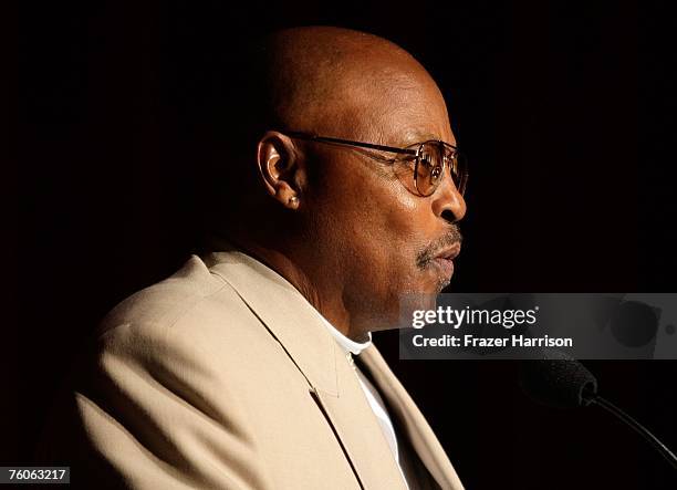 Actor Roger E. Mosley speaks at the Academy of Television Arts and Sciences and the Stunts Peer Group Emmy Nominee Party For Stunt Coordination, held...