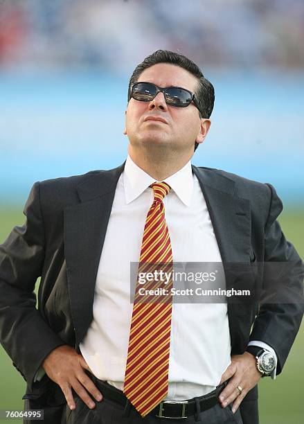Washington Redskins Owner Daniel Snyder watches warmups before the game against the Tennessee Titans at LP Field on August 11, 2007 in Nashville,...