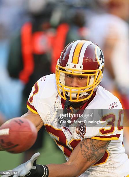 LaRon Landry of the Washington Redskins warms up before the game against the Tennessee Titans at LP Field on August 11, 2007 in Nashville, Tennessee....