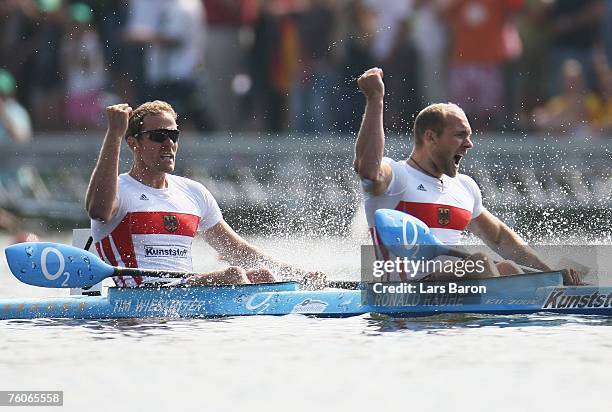 Ronald Rauhe and Tim Wieskoetter of Germany celebrate after winning the K2 500m final during the Canoe World Championship 2007 at the Regattabahn...