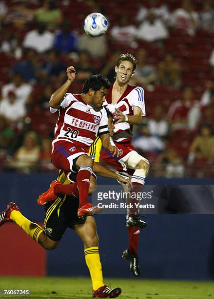 Dallas defender Clarence Goodson and FC Dallas forward Carlos Ruiz during the match between FC Dallas and the Columbus Crew on August 11, 2007 in...