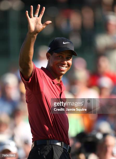 Tiger Woods celebrates after his two-stroke victory at the 89th PGA Championship at the Southern Hills Country Club on August 12, 2007 in Tulsa,...